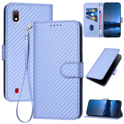 Samsung Galaxy M10 Carbon Fiber Buckle Leather Phone Case with Lanyard, PU Leather TPU Wallet Cover with Card Slot, Cash Compartment, Stand Function & Scratch Protection
