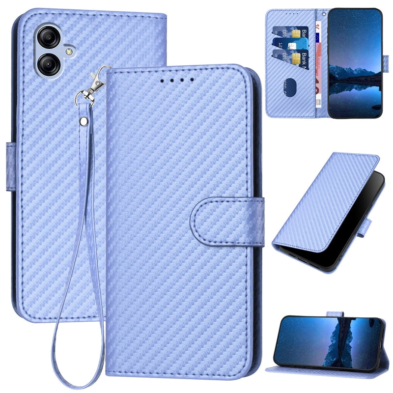 Samsung Galaxy A04e Carbon Fiber Buckle Leather Phone Case with Lanyard, PU Leather TPU Wallet Cover with Card Slot, Cash Compartment, Stand Function & Scratch Protection