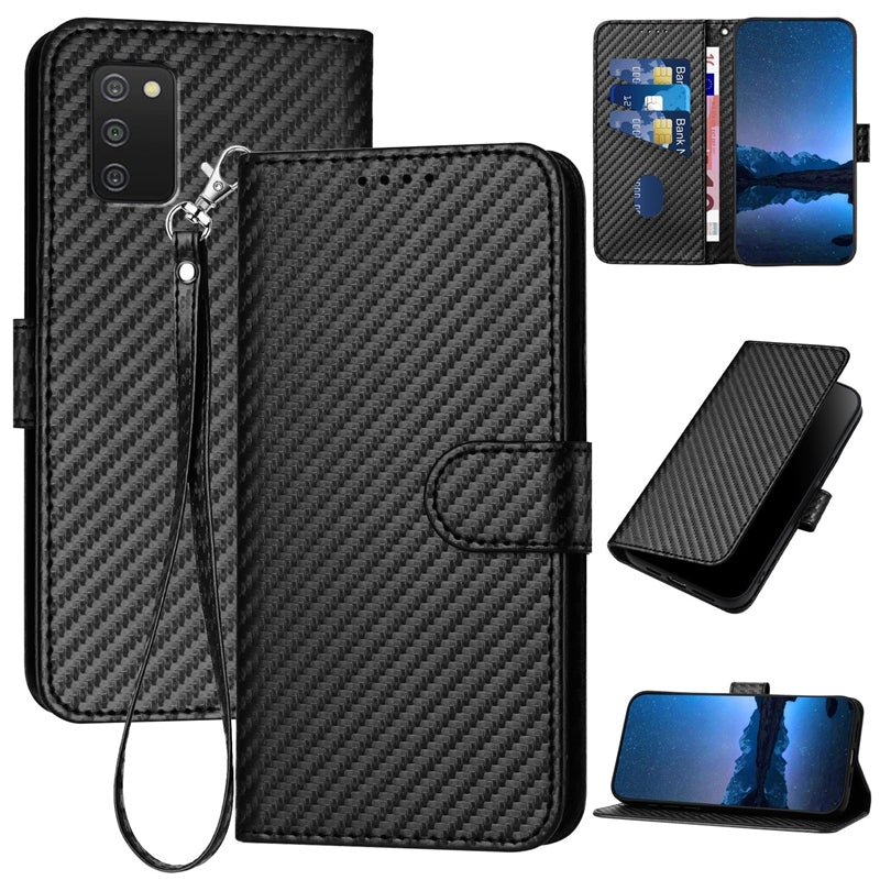 Samsung Galaxy A03s 166mm Carbon Fiber Buckle Leather Phone Case with Lanyard, PU Leather TPU Wallet Cover with Card Slot, Cash Compartment, Stand Function & Scratch Protection
