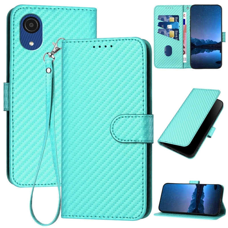 Samsung Galaxy A03 Core Carbon Fiber Buckle Leather Phone Case with Lanyard, PU Leather TPU Wallet Cover with Card Slot, Cash Compartment, Stand Function & Scratch Protection