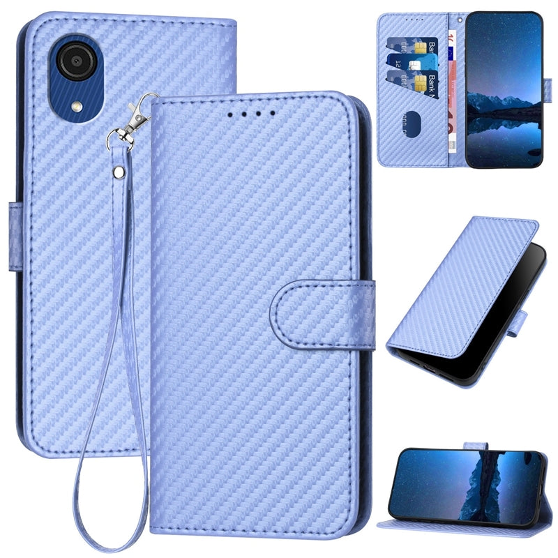 Samsung Galaxy A03 Core Carbon Fiber Buckle Leather Phone Case with Lanyard, PU Leather TPU Wallet Cover with Card Slot, Cash Compartment, Stand Function & Scratch Protection