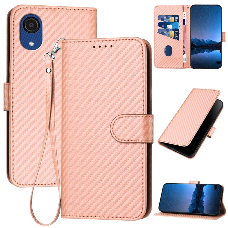 Samsung Galaxy A03 Core Carbon Fiber Buckle Leather Phone Case with Lanyard, PU Leather TPU Wallet Cover with Card Slot, Cash Compartment, Stand Function & Scratch Protection