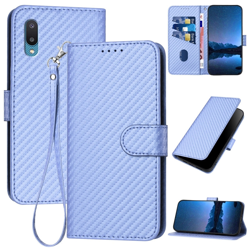Samsung Galaxy A02 EU Carbon Fiber Buckle Leather Phone Case with Lanyard, PU Leather TPU Wallet Cover with Card Slot, Cash Compartment, Stand Function & Scratch Protection