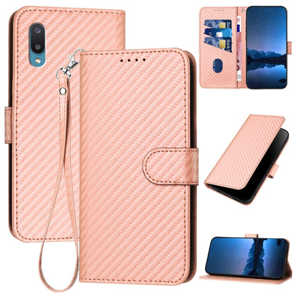 Samsung Galaxy A02 EU Carbon Fiber Buckle Leather Phone Case with Lanyard, PU Leather TPU Wallet Cover with Card Slot, Cash Compartment, Stand Function & Scratch Protection