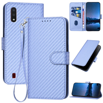 Samsung Galaxy M01 Carbon Fiber Buckle Leather Phone Case with Lanyard, PU Leather TPU Wallet Cover with Card Slot, Cash Compartment, Stand Function & Scratch Protection