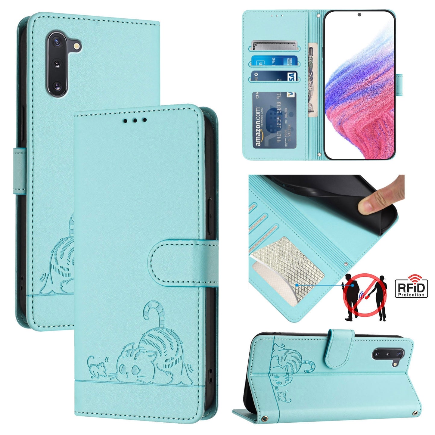 Samsung Galaxy Note 10 Cat & Rat Embossed RFID Leather Case, Lanyard, Wallet, Card Slots, Kickstand, Anti-Fall, Scratch-Resistant