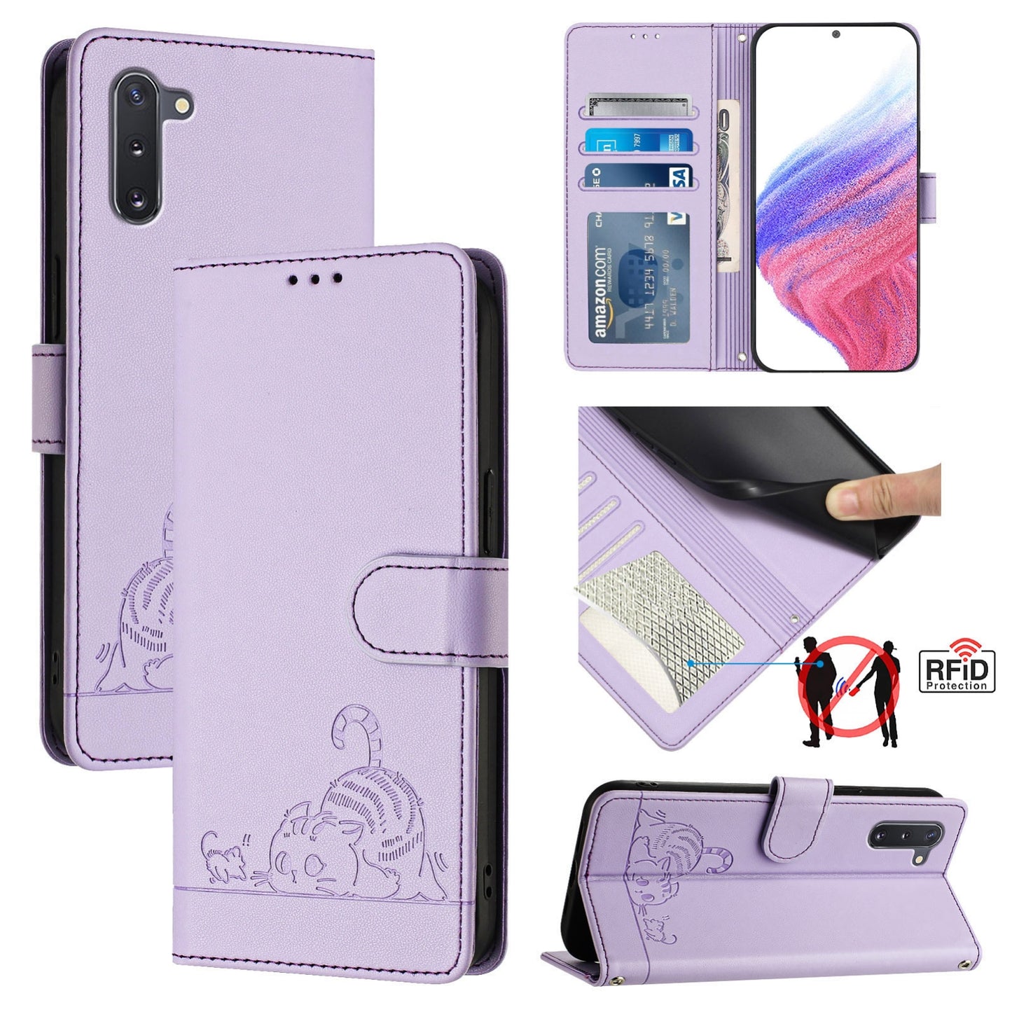 Samsung Galaxy Note 10 Cat & Rat Embossed RFID Leather Case, Lanyard, Wallet, Card Slots, Kickstand, Anti-Fall, Scratch-Resistant