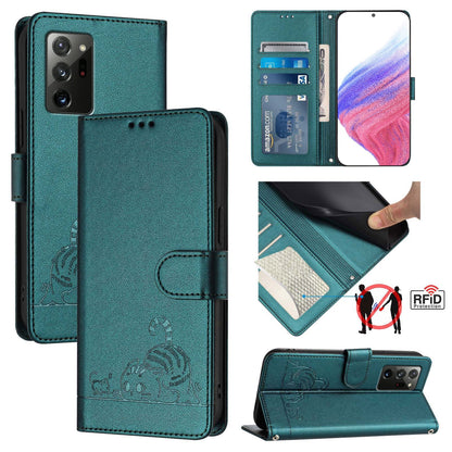 Samsung Galaxy Note 20 Cat & Rat Embossed RFID Leather Case, Lanyard, Wallet, Card Slots, Kickstand, Anti-Fall, Scratch-Resistant