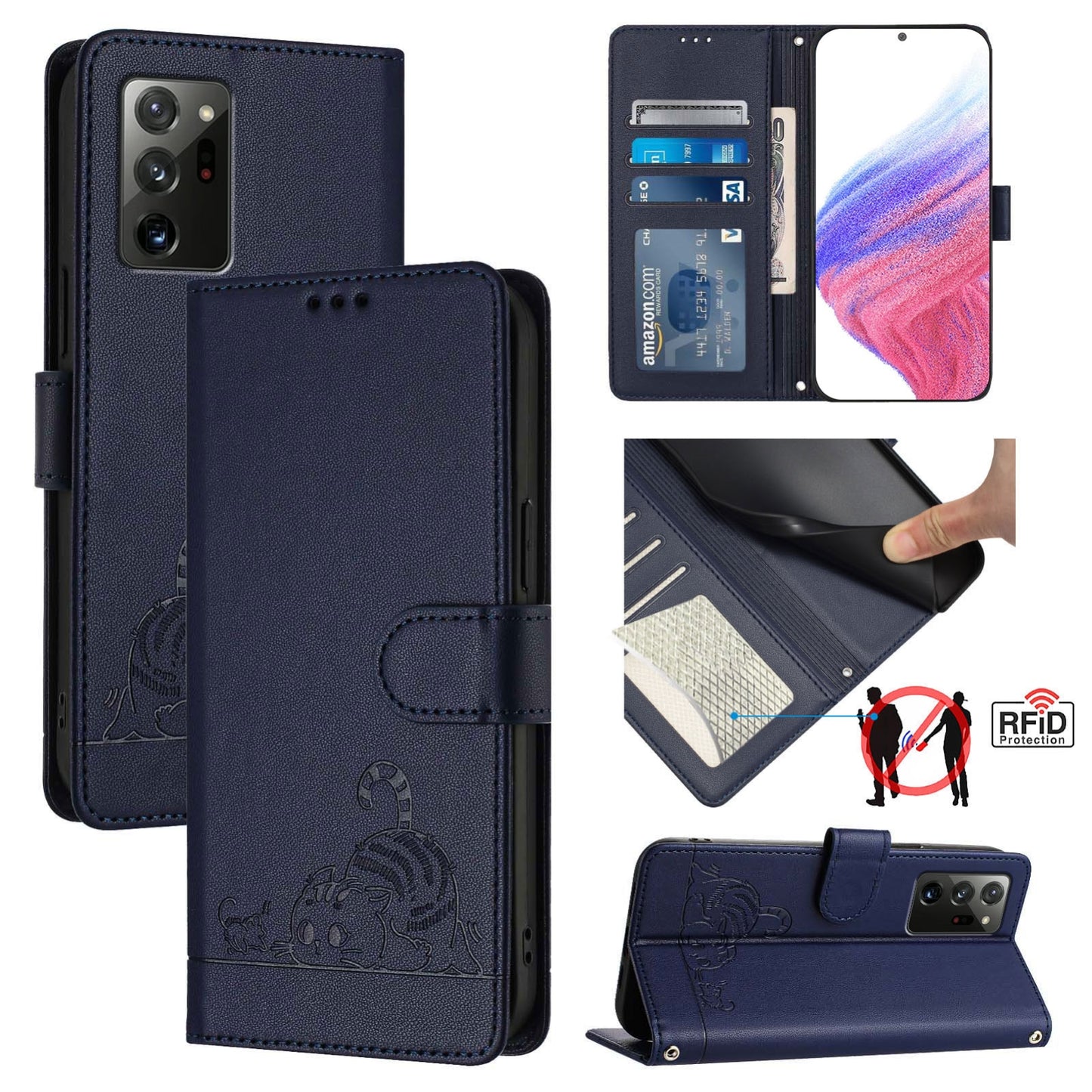Samsung Galaxy Note 20 Cat & Rat Embossed RFID Leather Case, Lanyard, Wallet, Card Slots, Kickstand, Anti-Fall, Scratch-Resistant