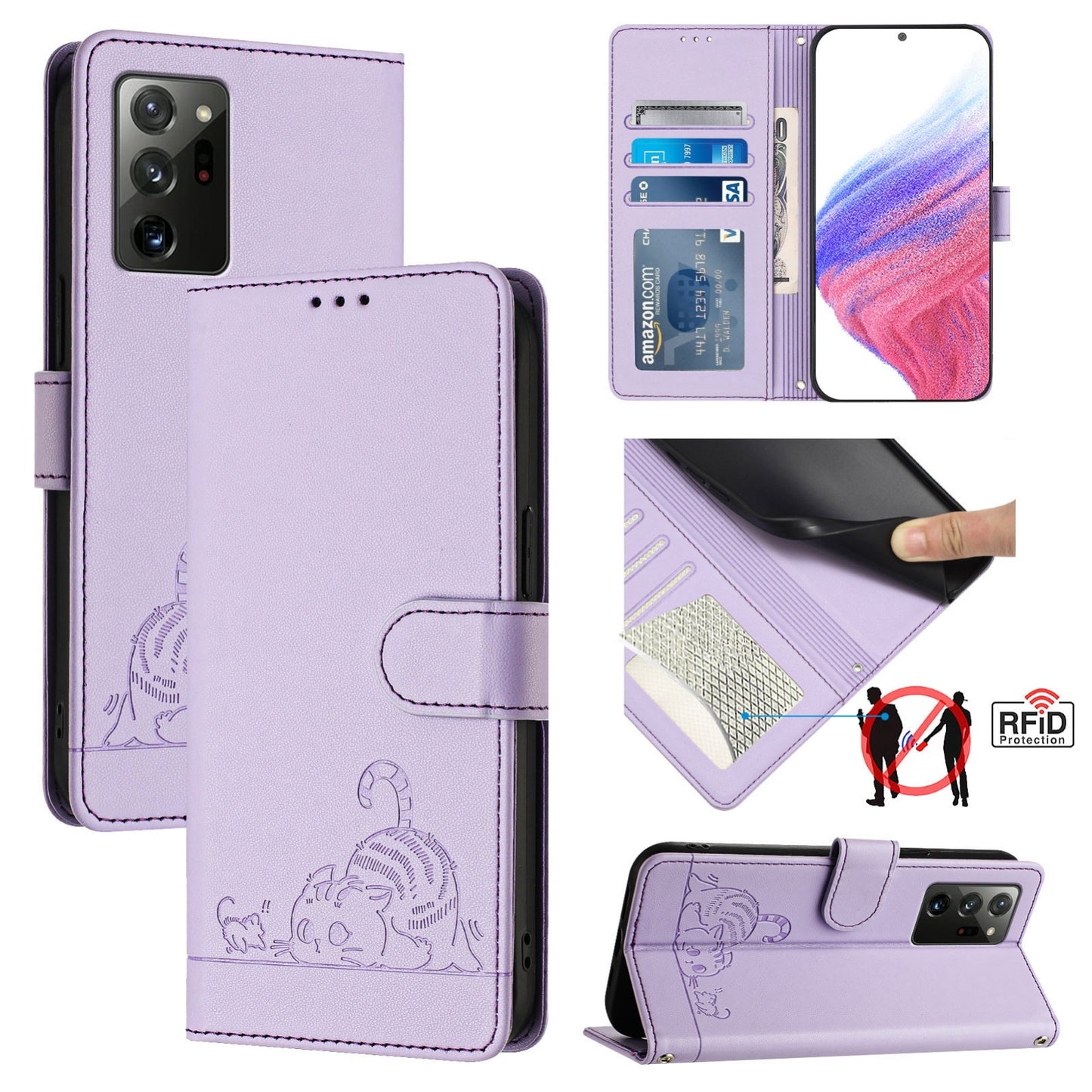 Samsung Galaxy Note 20 Cat & Rat Embossed RFID Leather Case, Lanyard, Wallet, Card Slots, Kickstand, Anti-Fall, Scratch-Resistant