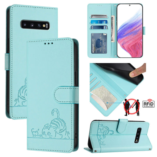 Samsung Galaxy S10 Cat & Rat Embossed RFID Leather Case, Lanyard, Wallet, Card Slots, Kickstand, Anti-Fall, Scratch-Resistant