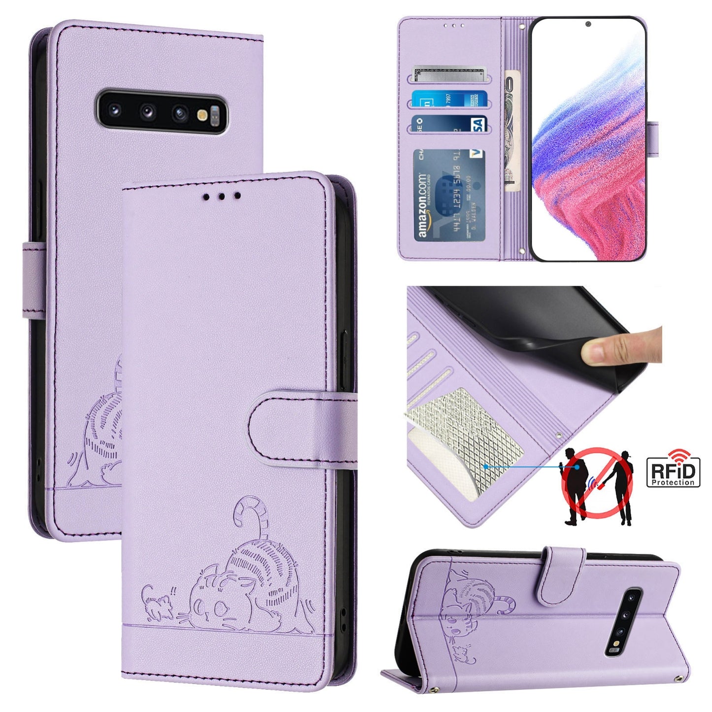Samsung Galaxy S10 Cat & Rat Embossed RFID Leather Case, Lanyard, Wallet, Card Slots, Kickstand, Anti-Fall, Scratch-Resistant