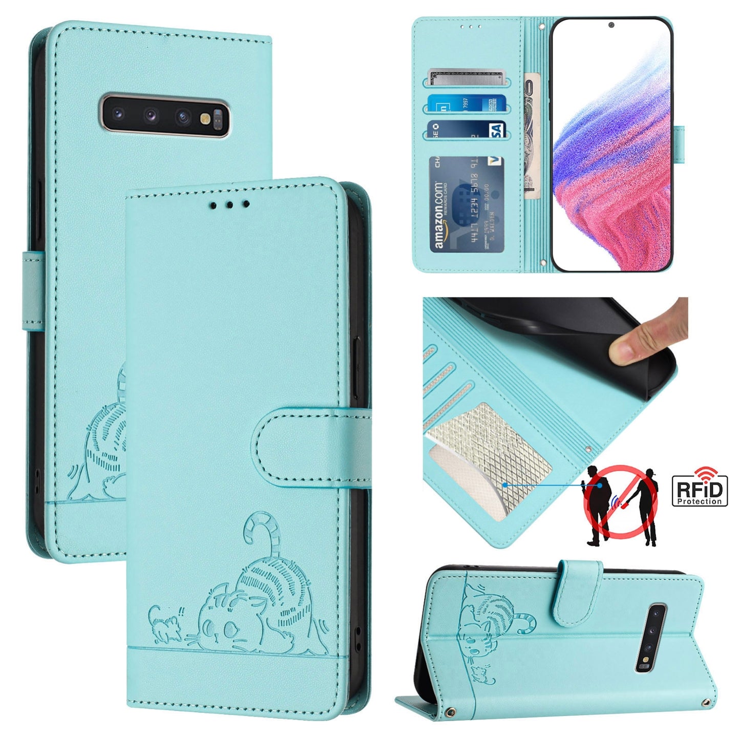 Samsung Galaxy S10+ Cat & Rat Embossed RFID Leather Case, Lanyard, Wallet, Card Slots, Kickstand, Anti-Fall, Scratch-Resistant