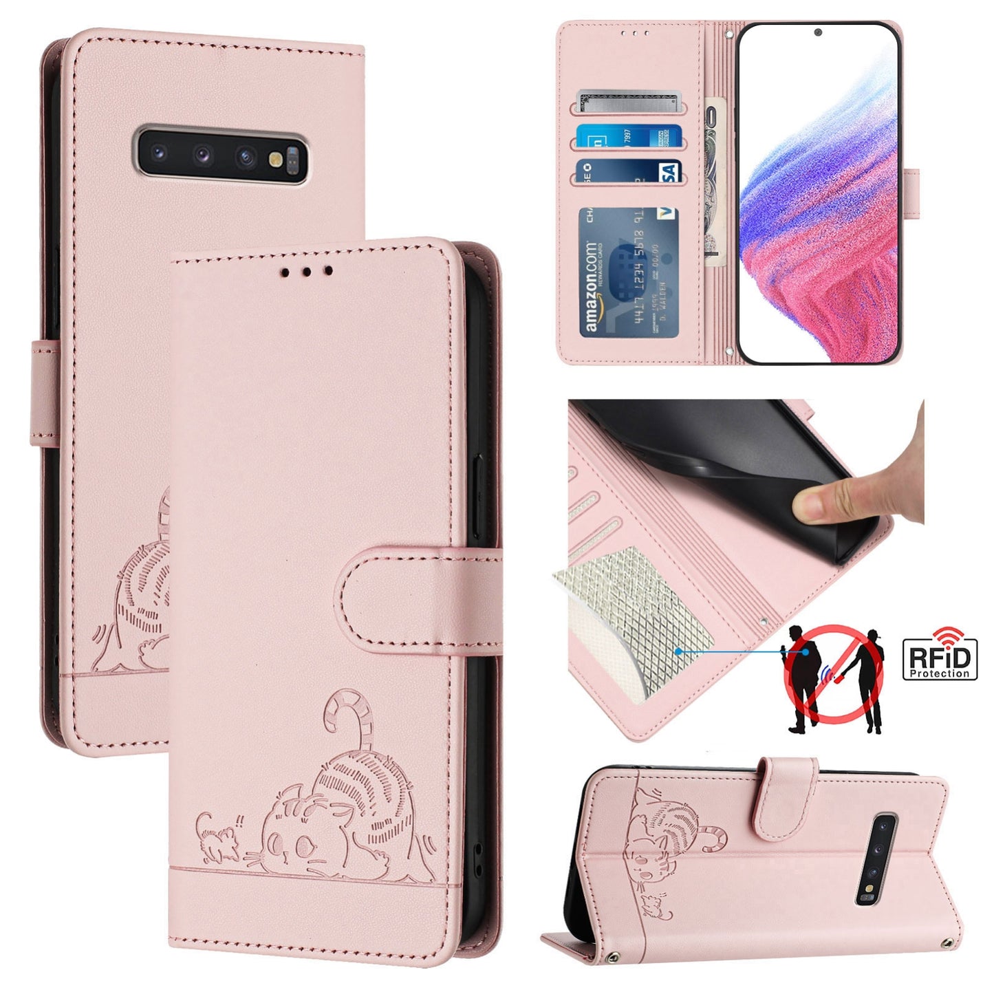Samsung Galaxy S10+ Cat & Rat Embossed RFID Leather Case, Lanyard, Wallet, Card Slots, Kickstand, Anti-Fall, Scratch-Resistant