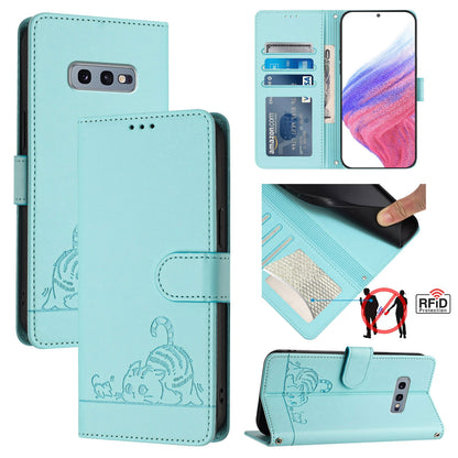 Samsung Galaxy S10e Cat & Rat Embossed RFID Leather Case, Lanyard, Wallet, Card Slots, Kickstand, Anti-Fall, Scratch-Resistant