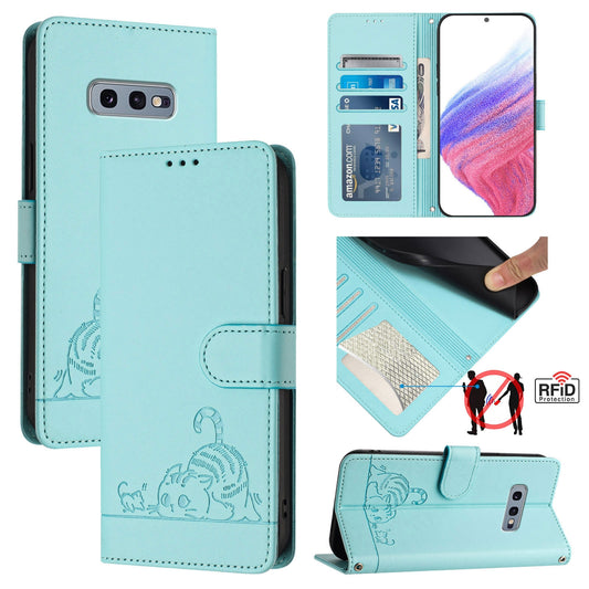 Samsung Galaxy S10e Cat & Rat Embossed RFID Leather Case, Lanyard, Wallet, Card Slots, Kickstand, Anti-Fall, Scratch-Resistant