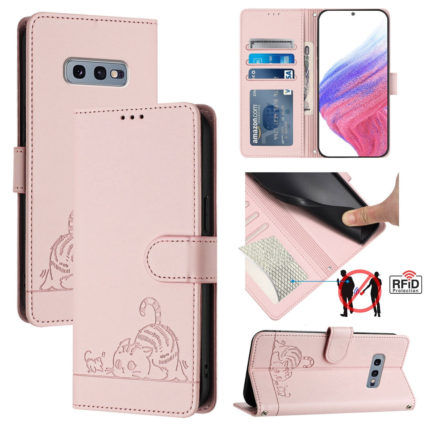 Samsung Galaxy S10e Cat & Rat Embossed RFID Leather Case, Lanyard, Wallet, Card Slots, Kickstand, Anti-Fall, Scratch-Resistant
