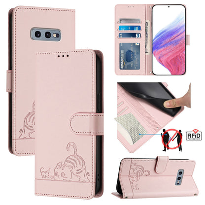Samsung Galaxy S10e Cat & Rat Embossed RFID Leather Case, Lanyard, Wallet, Card Slots, Kickstand, Anti-Fall, Scratch-Resistant