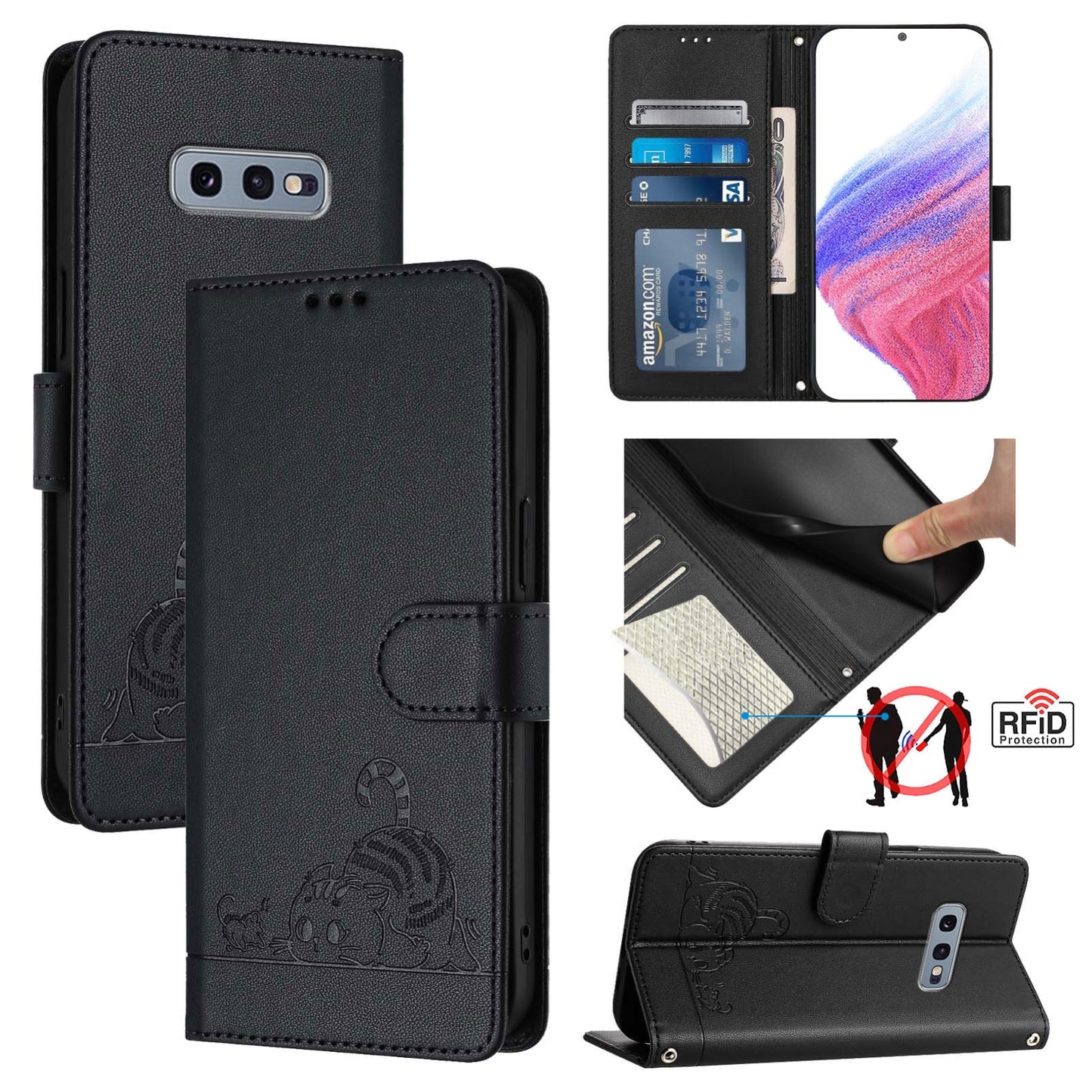 Samsung Galaxy S10e Cat & Rat Embossed RFID Leather Case, Lanyard, Wallet, Card Slots, Kickstand, Anti-Fall, Scratch-Resistant