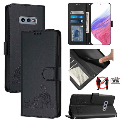 Samsung Galaxy S10e Cat & Rat Embossed RFID Leather Case, Lanyard, Wallet, Card Slots, Kickstand, Anti-Fall, Scratch-Resistant