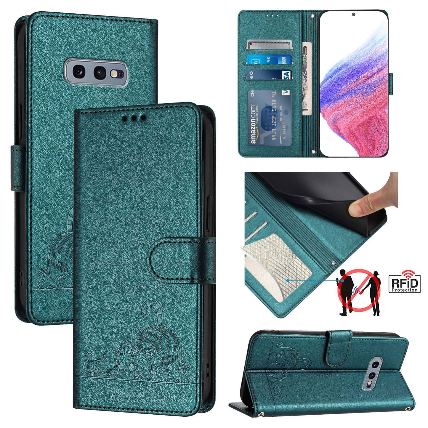 Samsung Galaxy S10e Cat & Rat Embossed RFID Leather Case, Lanyard, Wallet, Card Slots, Kickstand, Anti-Fall, Scratch-Resistant