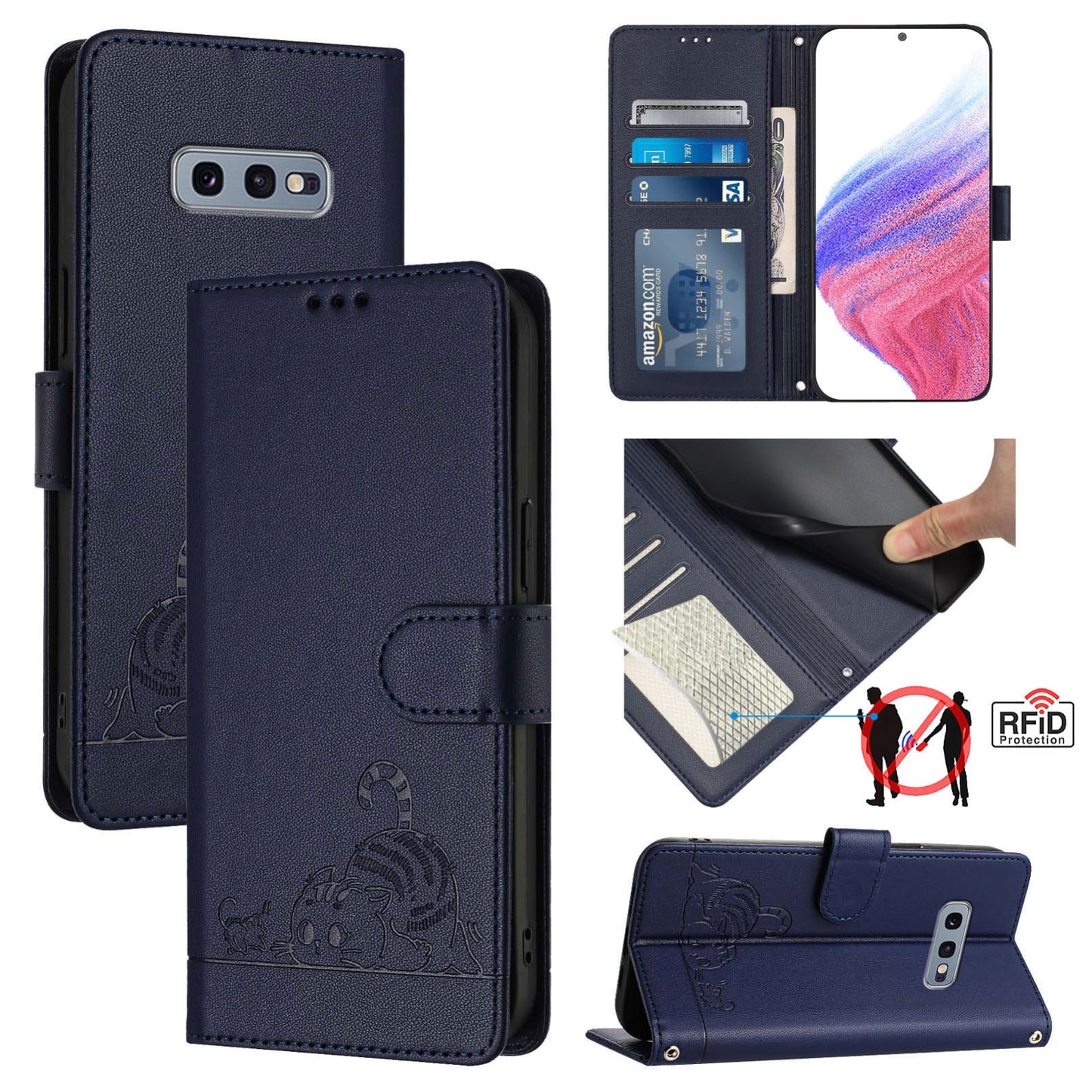 Samsung Galaxy S10e Cat & Rat Embossed RFID Leather Case, Lanyard, Wallet, Card Slots, Kickstand, Anti-Fall, Scratch-Resistant