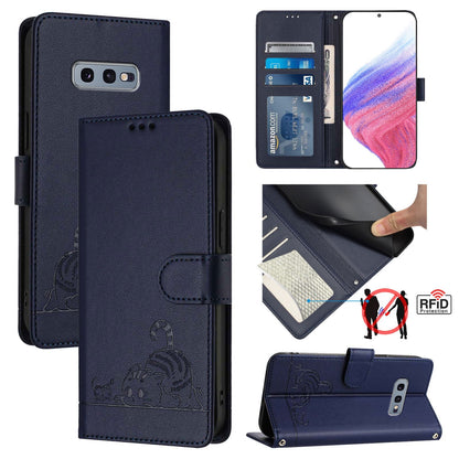 Samsung Galaxy S10e Cat & Rat Embossed RFID Leather Case, Lanyard, Wallet, Card Slots, Kickstand, Anti-Fall, Scratch-Resistant