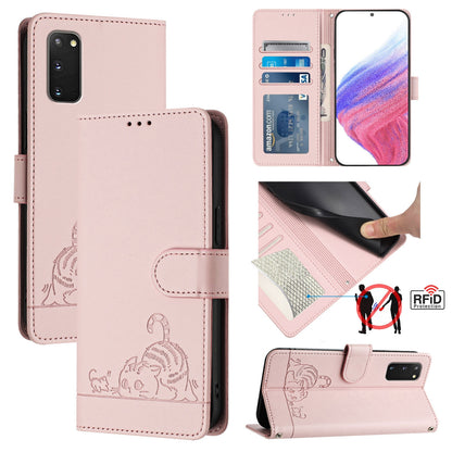 Samsung Galaxy S20 FE 5G Cat & Rat Embossed RFID Leather Case, Lanyard, Wallet, Card Slots, Kickstand, Anti-Fall, Scratch-Resistant