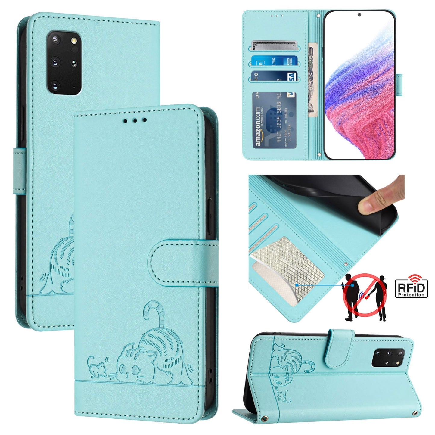 Samsung Galaxy S20+ Cat & Rat Embossed RFID Leather Case, Lanyard, Wallet, Card Slots, Kickstand, Anti-Fall, Scratch-Resistant