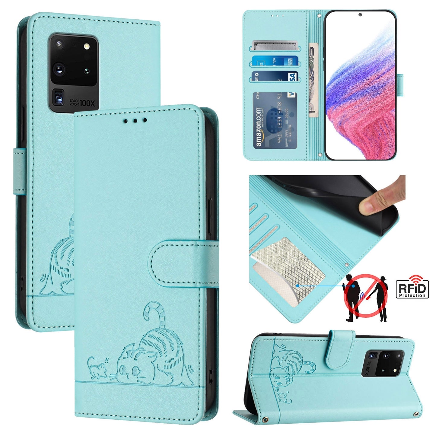 Samsung Galaxy S20 Ultra Cat & Rat Embossed RFID Leather Case, Lanyard, Wallet, Card Slots, Kickstand, Anti-Fall, Scratch-Resistant