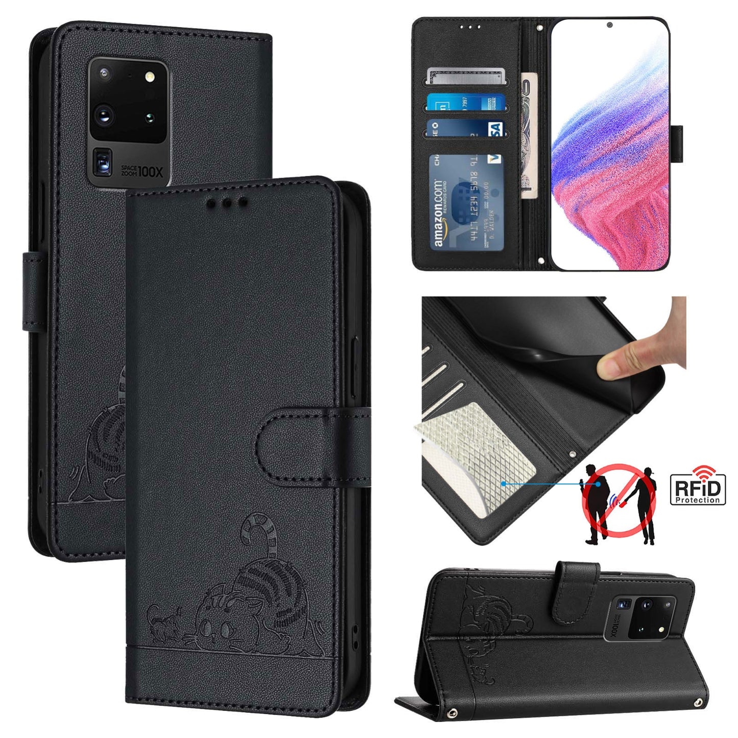 Samsung Galaxy S20 Ultra Cat & Rat Embossed RFID Leather Case, Lanyard, Wallet, Card Slots, Kickstand, Anti-Fall, Scratch-Resistant