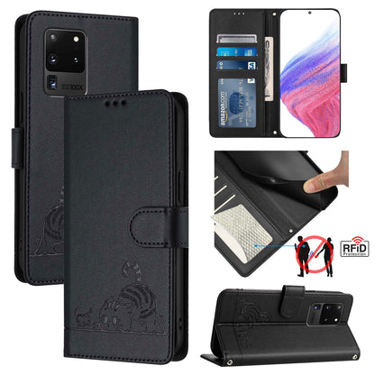 Samsung Galaxy S20 Ultra Cat & Rat Embossed RFID Leather Case, Lanyard, Wallet, Card Slots, Kickstand, Anti-Fall, Scratch-Resistant