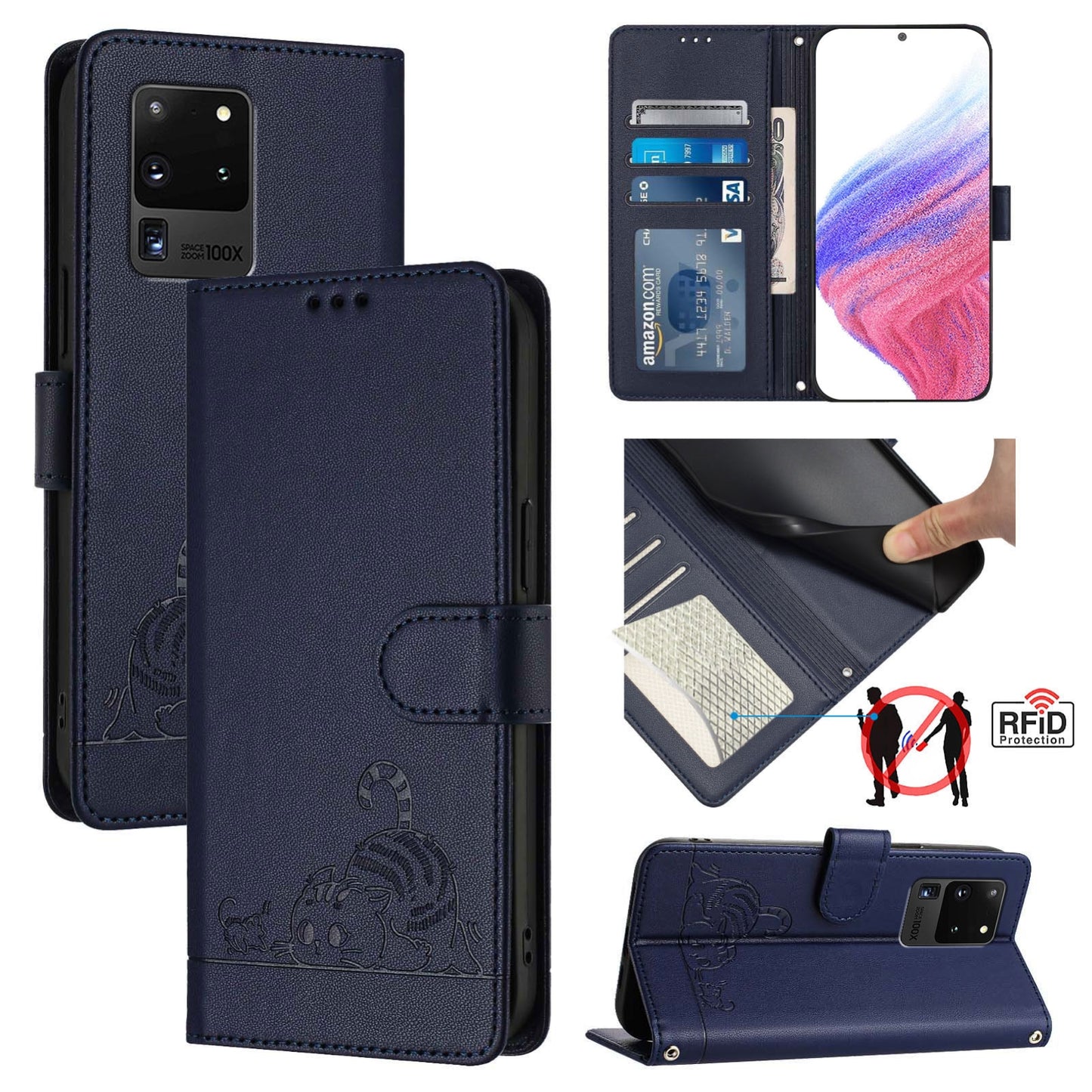 Samsung Galaxy S20 Ultra Cat & Rat Embossed RFID Leather Case, Lanyard, Wallet, Card Slots, Kickstand, Anti-Fall, Scratch-Resistant