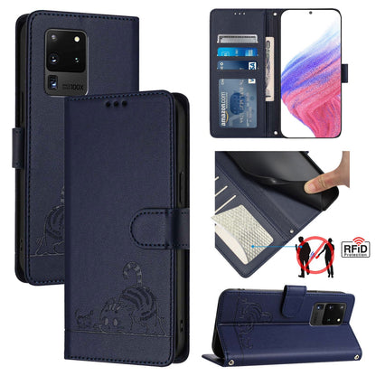 Samsung Galaxy S20 Ultra Cat & Rat Embossed RFID Leather Case, Lanyard, Wallet, Card Slots, Kickstand, Anti-Fall, Scratch-Resistant