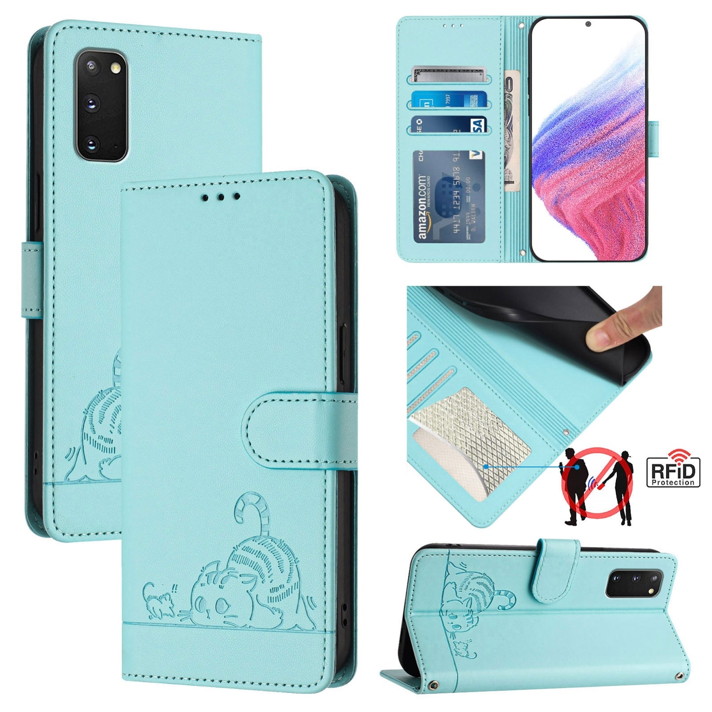 Samsung Galaxy S20 Cat & Rat Embossed RFID Leather Case, Lanyard, Wallet, Card Slots, Kickstand, Anti-Fall, Scratch-Resistant