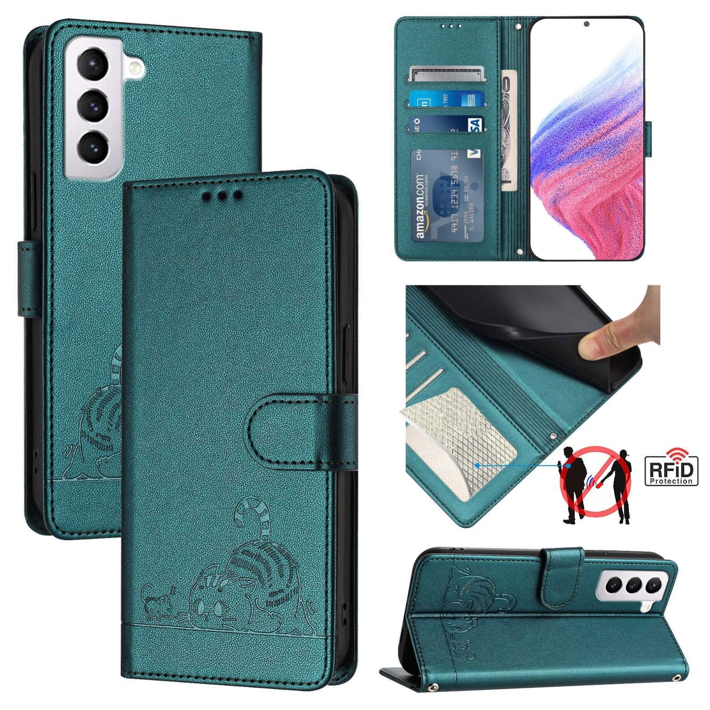 Samsung Galaxy S21 5G Cat & Rat Embossed RFID Leather Case, Lanyard, Wallet, Card Slots, Kickstand, Anti-Fall, Scratch-Resistant