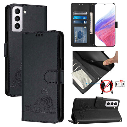 Samsung Galaxy S21 FE 5G Cat & Rat Embossed RFID Leather Case, Lanyard, Wallet, Card Slots, Kickstand, Anti-Fall, Scratch-Resistant