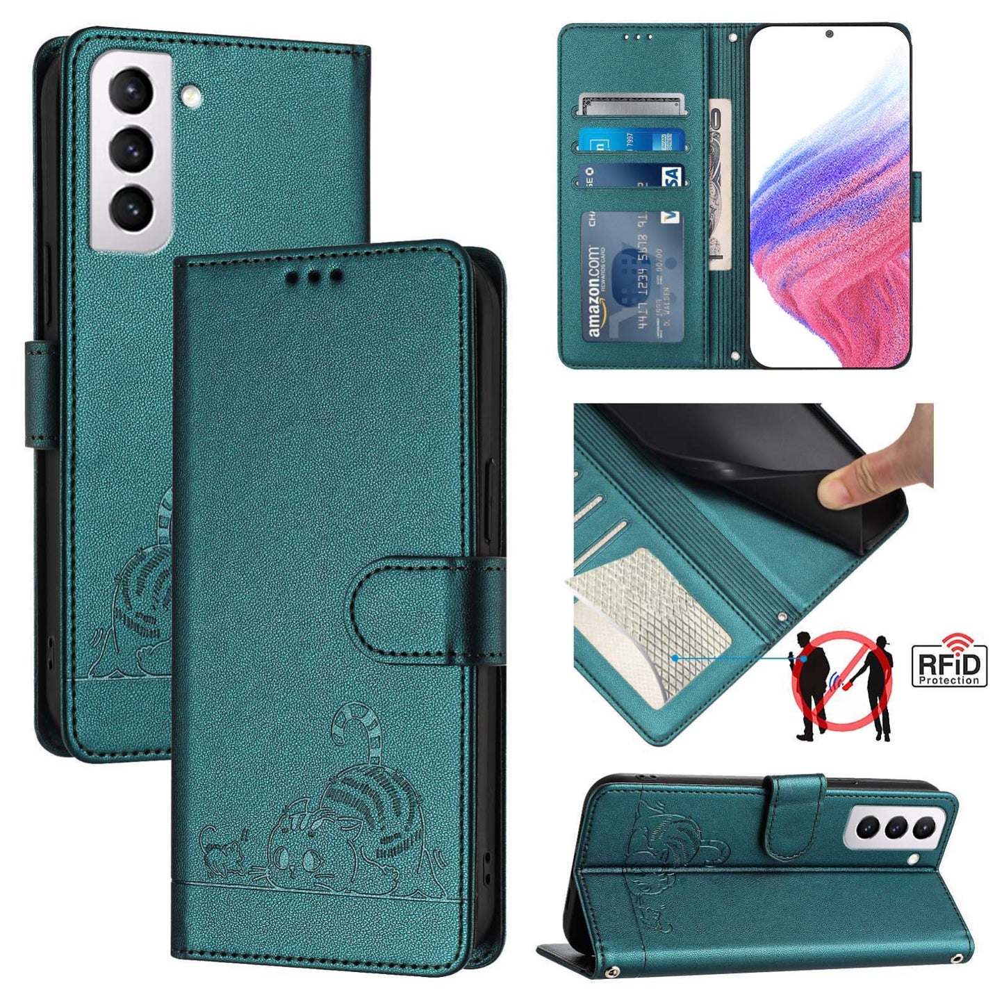 Samsung Galaxy S21+ 5G Cat & Rat Embossed RFID Leather Case, Lanyard, Wallet, Card Slots, Kickstand, Anti-Fall, Scratch-Resistant