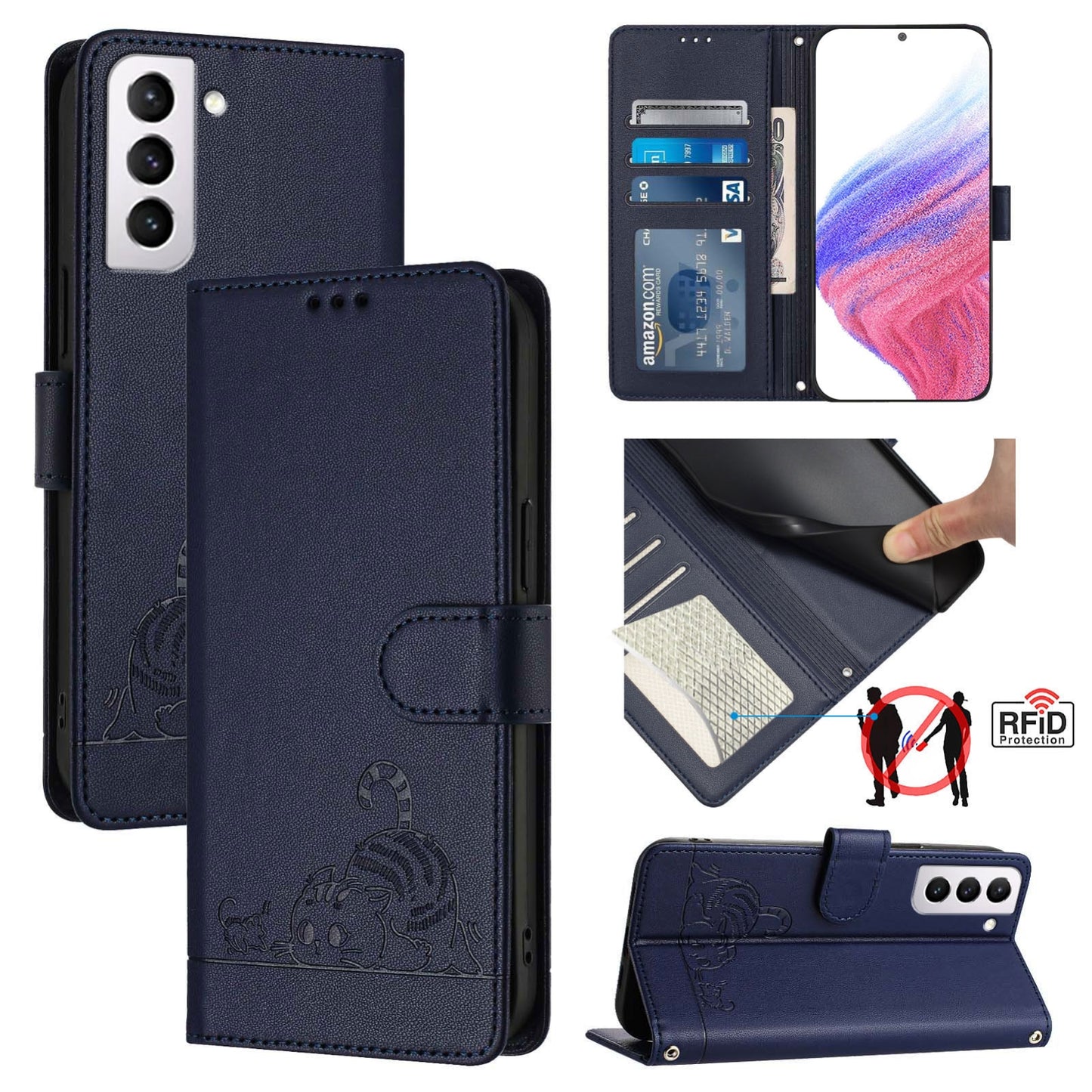 Samsung Galaxy S21+ 5G Cat & Rat Embossed RFID Leather Case, Lanyard, Wallet, Card Slots, Kickstand, Anti-Fall, Scratch-Resistant