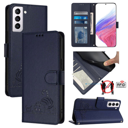 Samsung Galaxy S21+ 5G Cat & Rat Embossed RFID Leather Case, Lanyard, Wallet, Card Slots, Kickstand, Anti-Fall, Scratch-Resistant