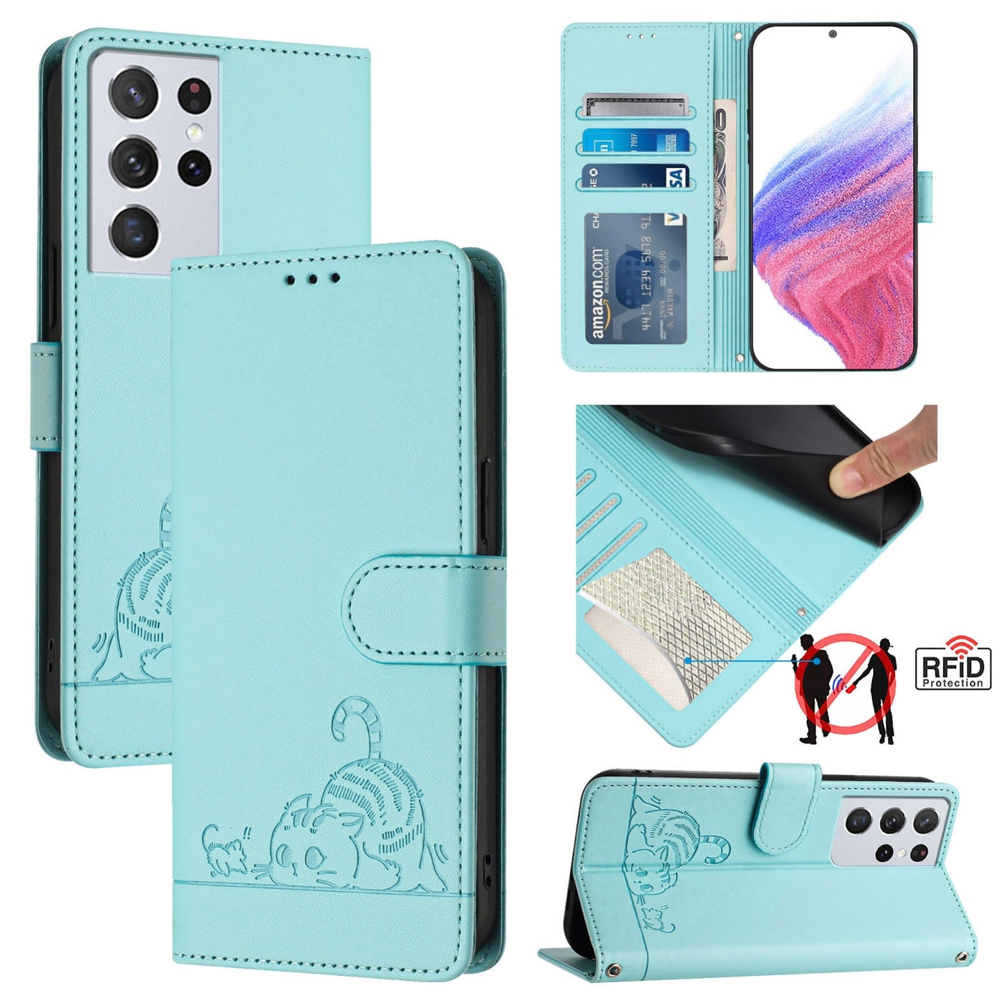 Samsung Galaxy S21 Ultra 5G Cat & Rat Embossed RFID Leather Case, Lanyard, Wallet, Card Slots, Kickstand, Anti-Fall, Scratch-Resistant