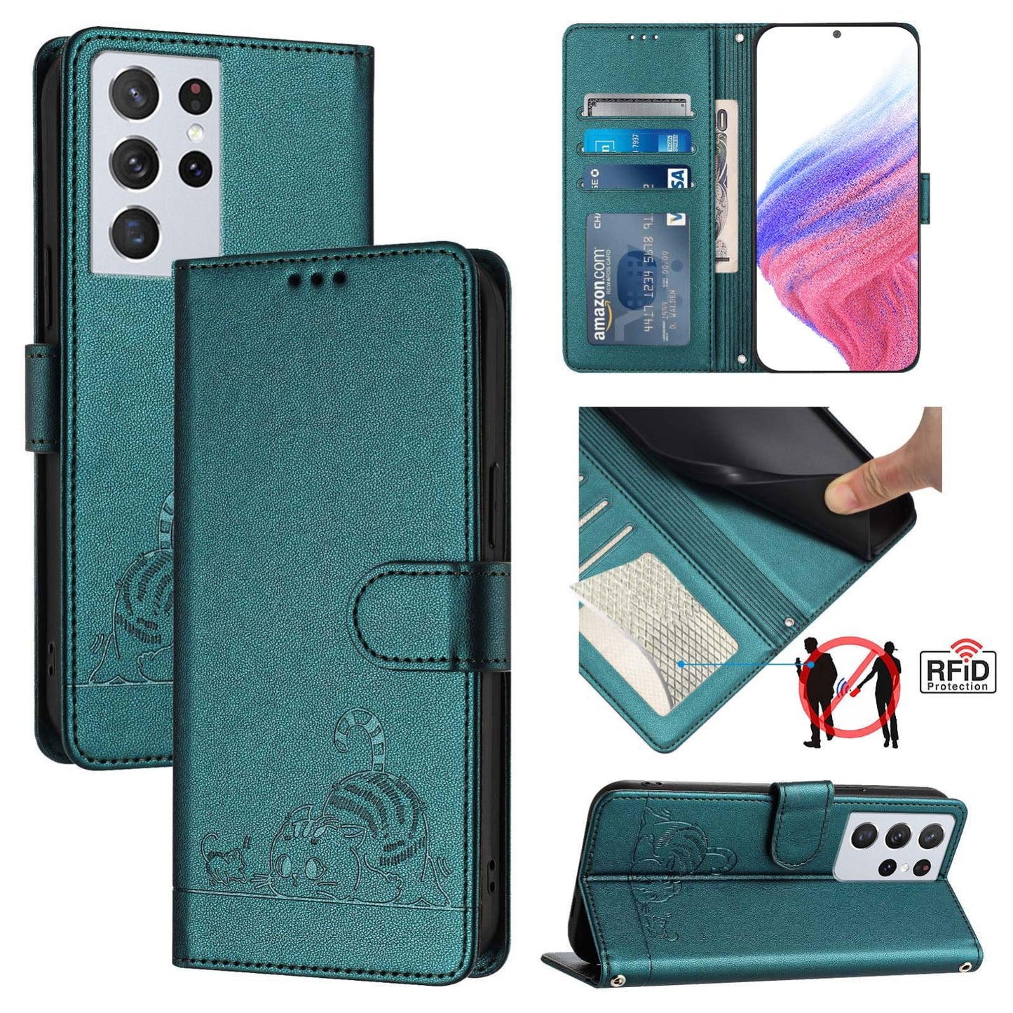 Samsung Galaxy S21 Ultra 5G Cat & Rat Embossed RFID Leather Case, Lanyard, Wallet, Card Slots, Kickstand, Anti-Fall, Scratch-Resistant