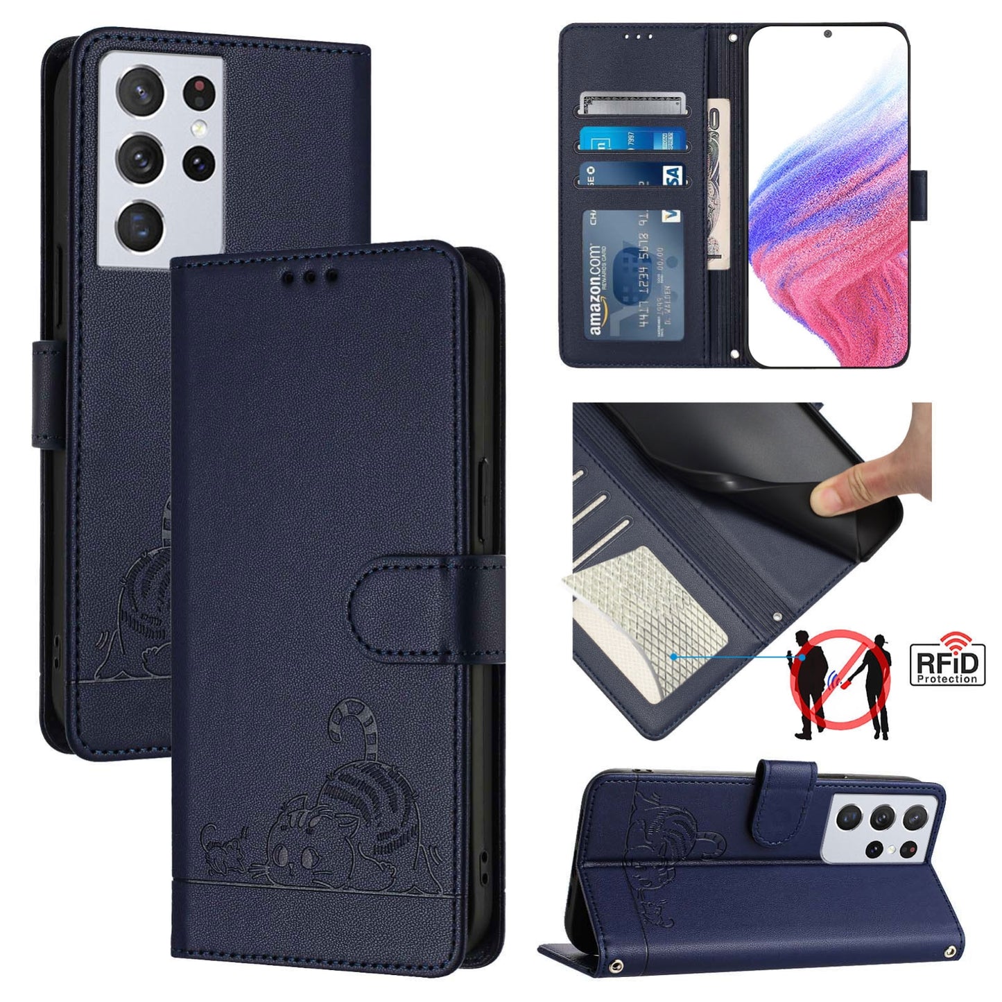 Samsung Galaxy S21 Ultra 5G Cat & Rat Embossed RFID Leather Case, Lanyard, Wallet, Card Slots, Kickstand, Anti-Fall, Scratch-Resistant