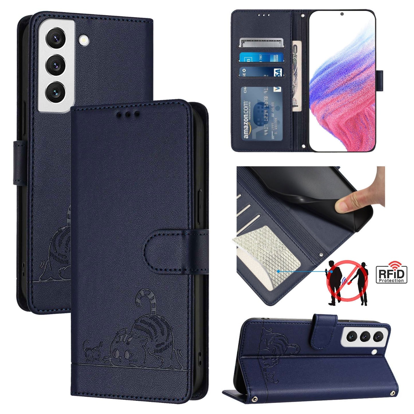 Samsung Galaxy S22 5G Cat & Rat Embossed RFID Leather Case, Lanyard, Wallet, Card Slots, Kickstand, Anti-Fall, Scratch-Resistant