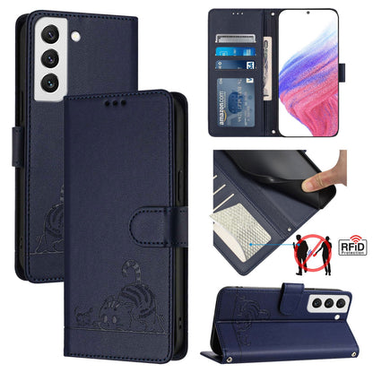 Samsung Galaxy S22 5G Cat & Rat Embossed RFID Leather Case, Lanyard, Wallet, Card Slots, Kickstand, Anti-Fall, Scratch-Resistant