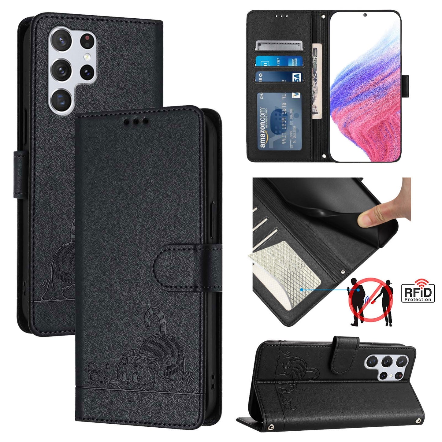 Samsung Galaxy S22 Ultra 5G Cat & Rat Embossed RFID Leather Case, Lanyard, Wallet, Card Slots, Kickstand, Anti-Fall, Scratch-Resistant