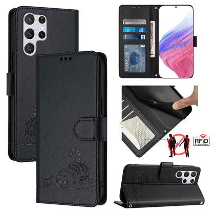 Samsung Galaxy S22 Ultra 5G Cat & Rat Embossed RFID Leather Case, Lanyard, Wallet, Card Slots, Kickstand, Anti-Fall, Scratch-Resistant