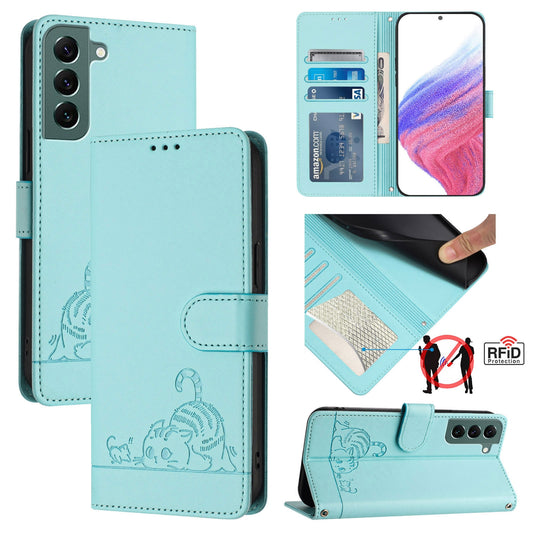 Samsung Galaxy S22+ 5G Cat & Rat Embossed RFID Leather Case, Lanyard, Wallet, Card Slots, Kickstand, Anti-Fall, Scratch-Resistant