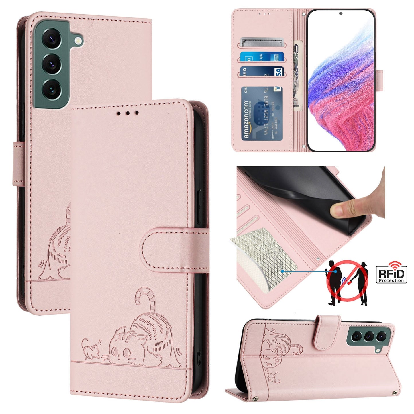 Samsung Galaxy S22+ 5G Cat & Rat Embossed RFID Leather Case, Lanyard, Wallet, Card Slots, Kickstand, Anti-Fall, Scratch-Resistant