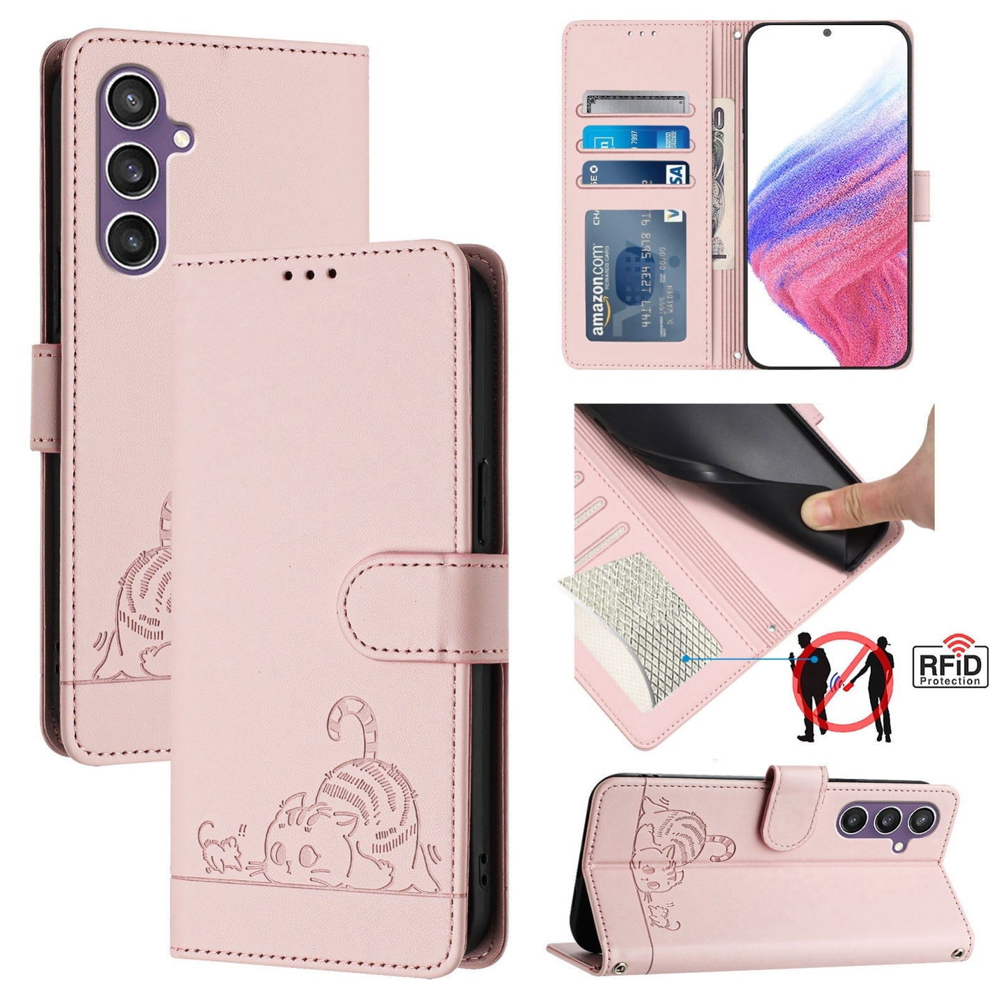 Samsung Galaxy S23 FE 5G Cat & Rat Embossed RFID Leather Case, Lanyard, Wallet, Card Slots, Kickstand, Anti-Fall, Scratch-Resistant
